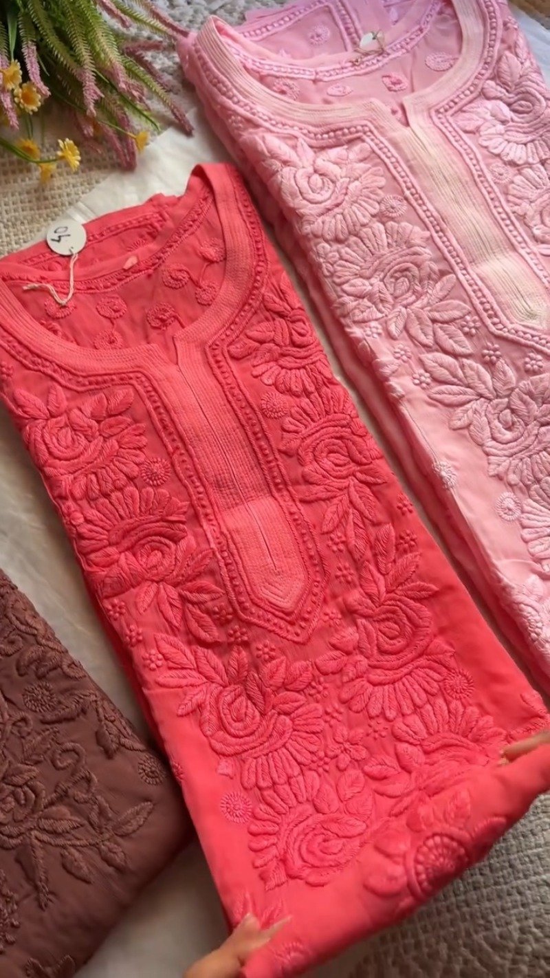 Exquisite Lucknowi Chikankari Hand-Embroidered Kurta – Available in Dusty Rose, Peach & Terracotta - Image 2
