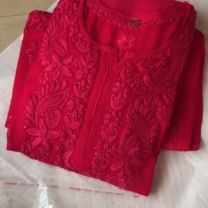 Radiant Crimson Chikankari Embroidered Kurta Set with Embellished Dupatta