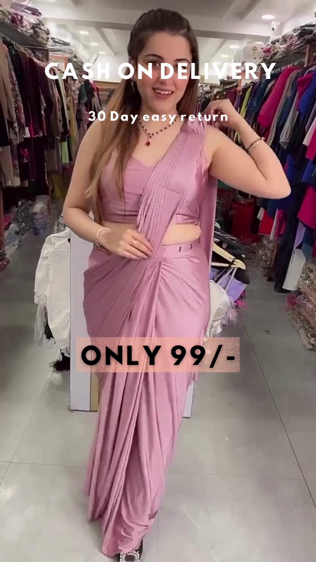 Lavender Frost: Pre-Stitched Satin Cocktail Saree Set - Image 6