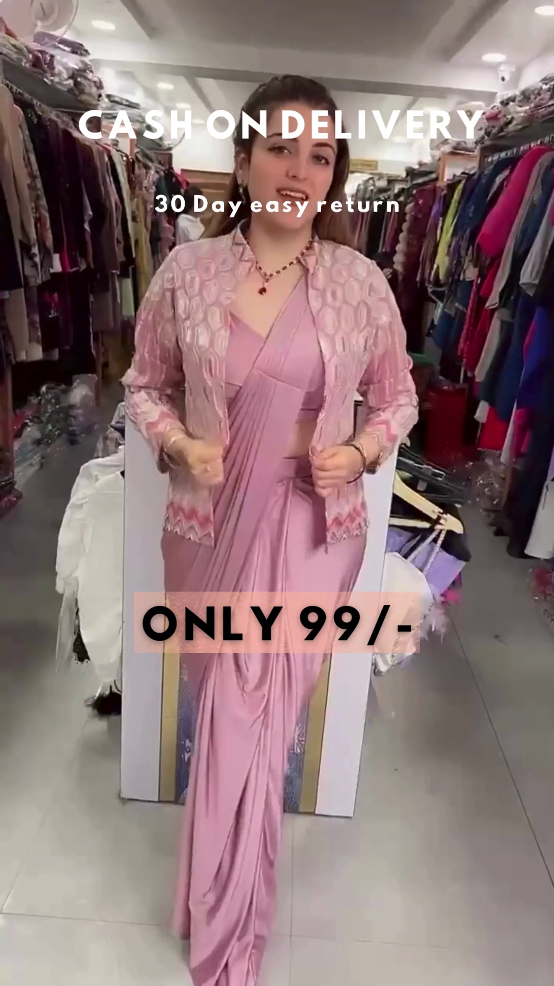 Lavender Frost: Pre-Stitched Satin Cocktail Saree Set