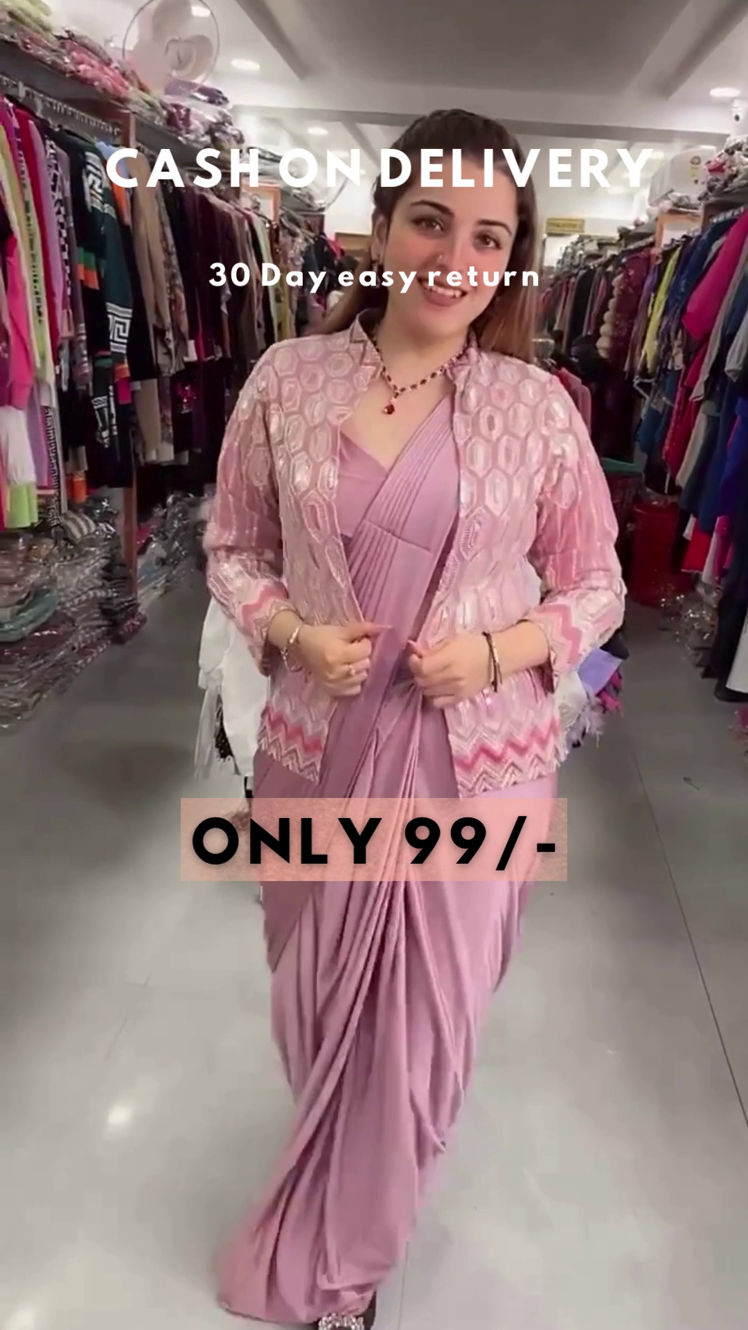 Lavender Frost: Pre-Stitched Satin Cocktail Saree Set - Image 3