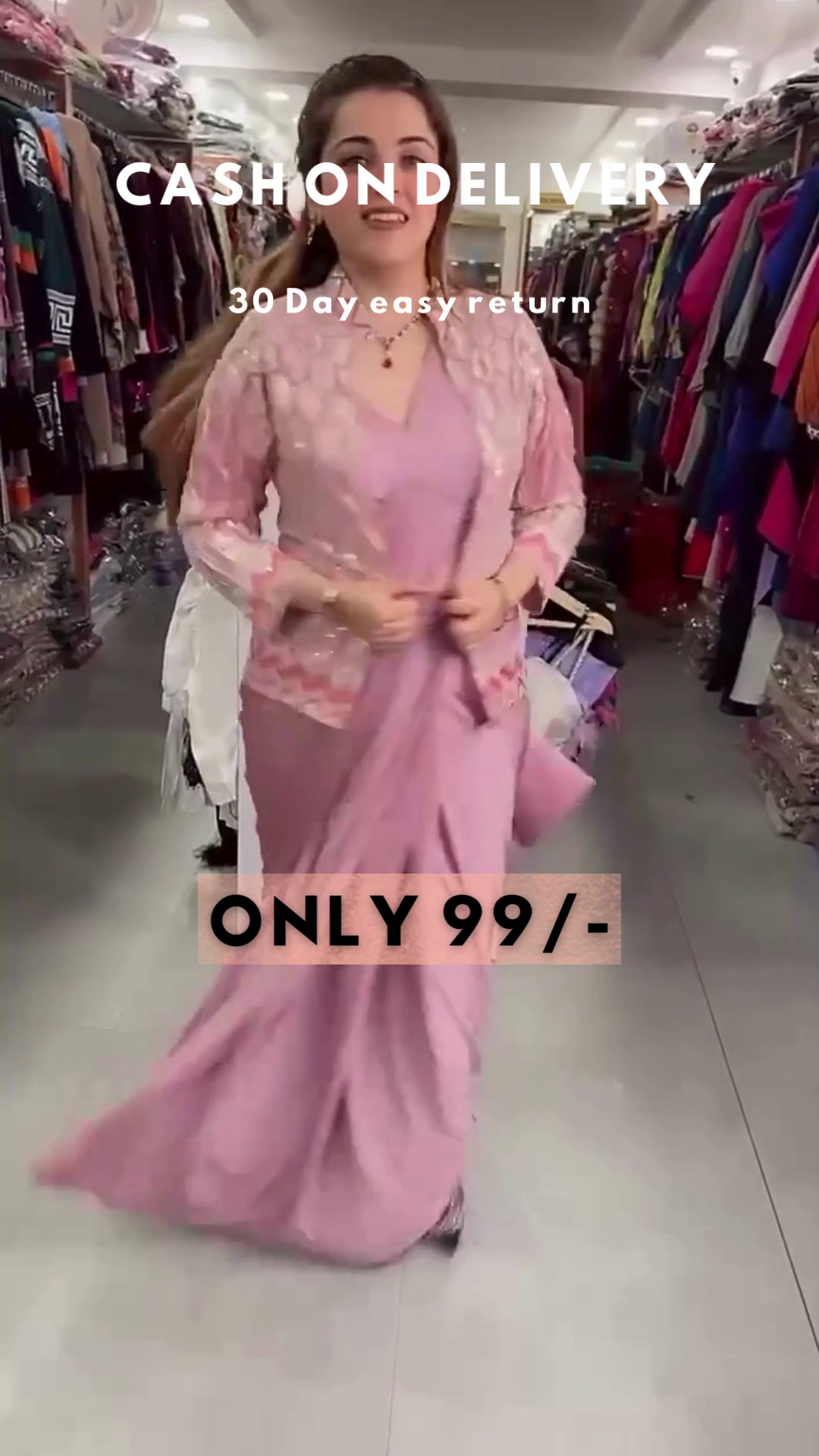 Lavender Frost: Pre-Stitched Satin Cocktail Saree Set - Image 2