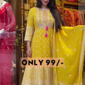 Mustard Bloom: Woven Anarkali Kurta & Trouser Set
